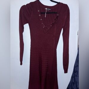 Nina Leonard Red Ribbed V-Neck Long Sleeve Dress